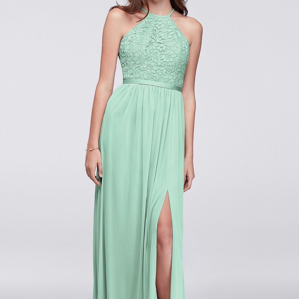 Mint Green Open Back Lace and Mesh Formal Dress
